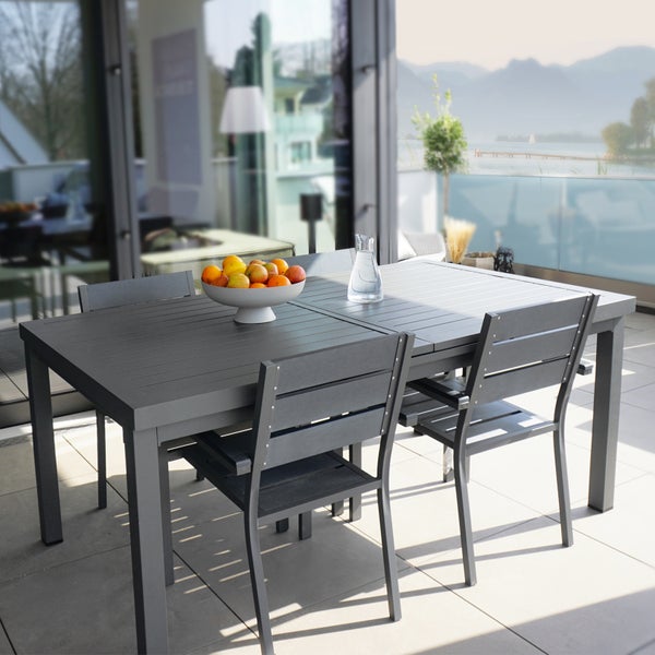 Home Deluxe - Gartentisch ausziehbar - CALIDO - ca. 180 (240) x 97,5 x 76,5 cm -Gestell und Tischplatte, Gestell Aluminium, Tischplatte Glas, inkl. Zubehör I Gartenmöbel Ausziehtisch Balkonset