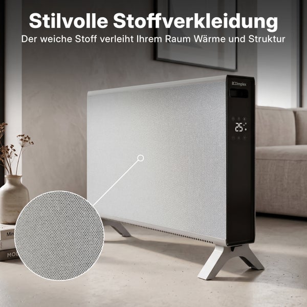 Ein elektrischer Konvektor Heizkörper von Dimplex mit einer stoffbespannten Front und digitaler Anzeige in einem Wohnraum.