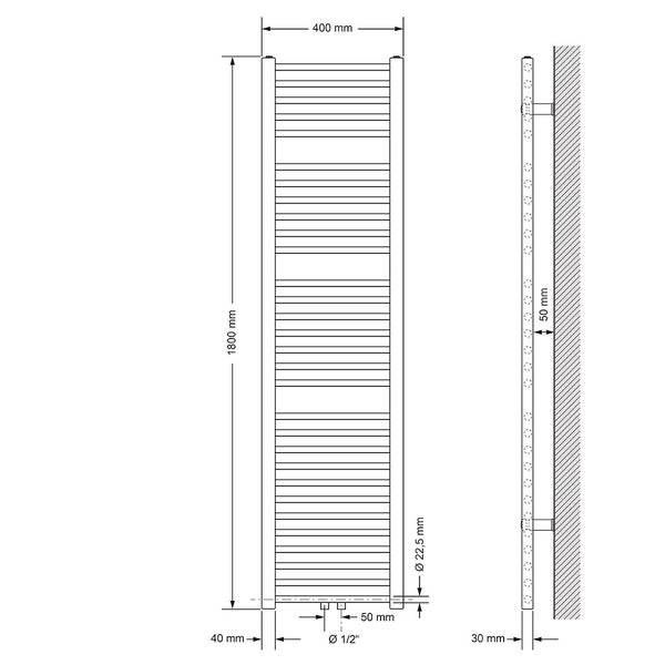 ECD Germany Badheizkörper 400 x 1800 mm - Chrom - gerade mit Mittelanschluss - Design Heizkörper Handtuchwärmer Handtuchtrockner Handtuchheizkörper Handtuchheizung Handtuchheizer Badezimmer Heizung