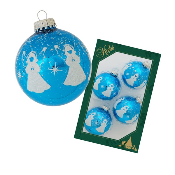 Hellblau glanz 7cm Glaskugel mit weißer Banddekoration Engel bestreut, 4 Stck., Weihnachtsbaumkugeln, Christbaumschmuck, Weihnachtsbaumanhänger