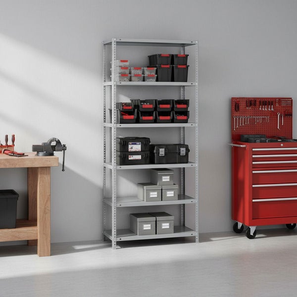 Organisierte Werkstatt mit Metallregal, Lagerboxen, Holzwerkbank mit Schraubstock und rotem Werkstattwagen.