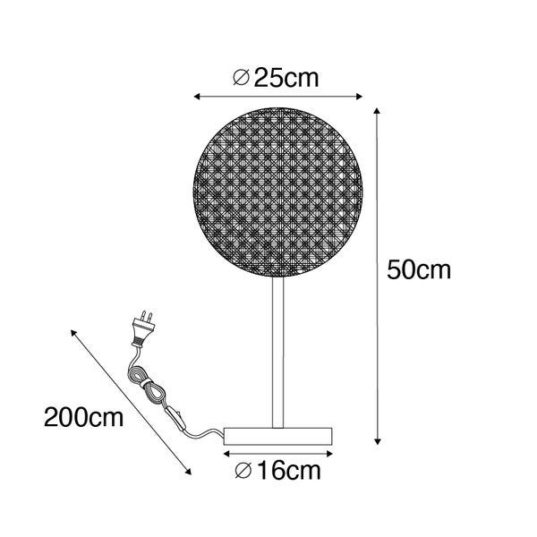 Technische Zeichnung einer Tischleuchte mit den Maßen: Gesamthöhe 50 cm, Schirmdurchmesser 25 cm, Fußdurchmesser 16 cm und Kabellänge 200 cm.