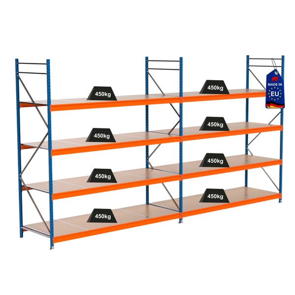 Regal mit vier Ebenen und einer Traglast von 450 Kilogramm, Hergestellt in der Europäischen Union Kennzeichen
