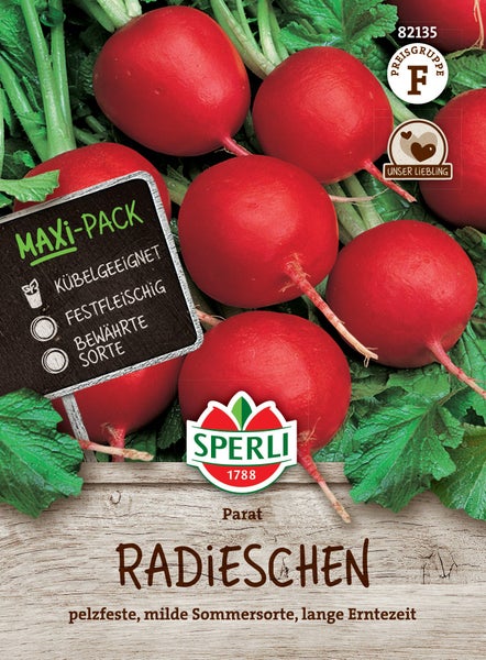 Sperli Radieschen Parat Saatgut Maxi Pack für sommerliche Ernte mit festem Fleisch und Eignung für Kübelpflanzung.