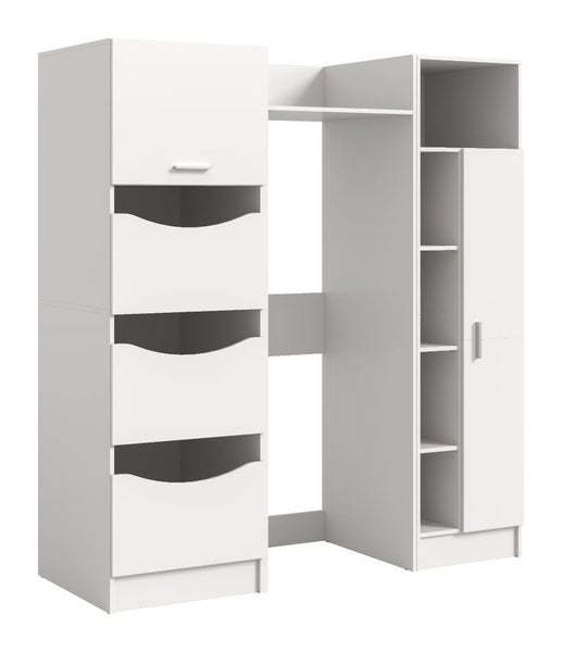Kombischrank mit integriertem Schreibtisch, Schubladen und offenen Regalfächern aus Holzwerkstoff für das Arbeits oder Kinderzimmer.