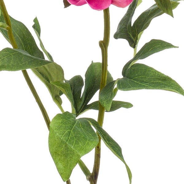 Künstlicher Blumenstiel mit grünen Blättern und einer rosa Blüte.