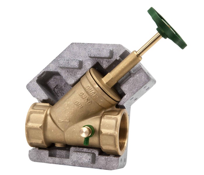 Freistromventil Nennweite 50 aus Messing mit grünem Handrad und grauer Isolierschale.