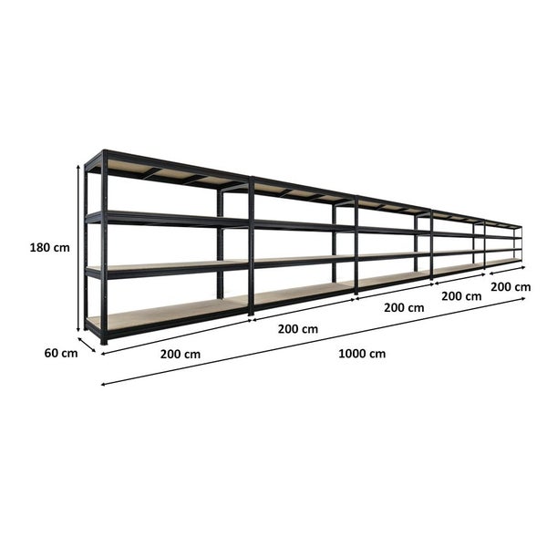 Langes Metallregal mit Holzregalböden und den Maßen 180 cm Höhe, 60 cm Tiefe und 1000 cm Länge