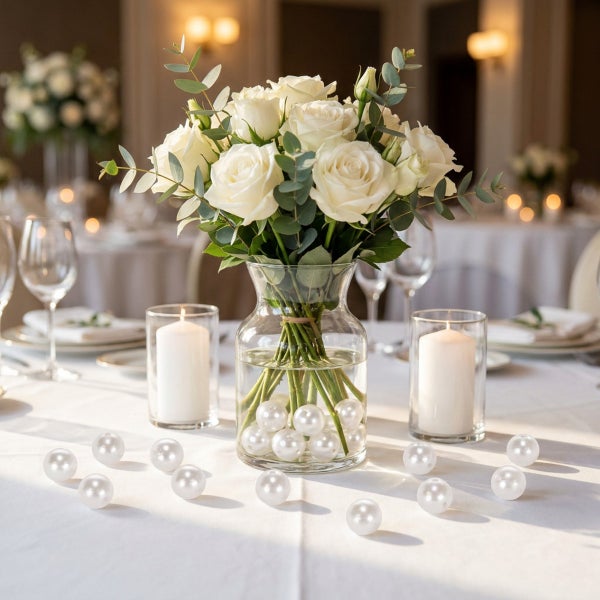 Festliche Tischdekoration mit einem Blumenstrauß aus Rosen in einer Glasvase, ergänzt durch Kerzen und Perlen auf einer gedeckten Tafel.