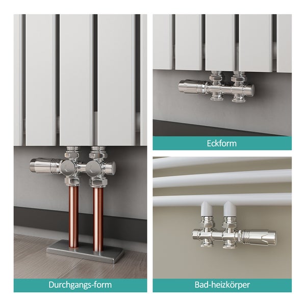 EMKE Heizkörperthermostat Multiblock-Set – Anschlussarmatur mit Thermostat für Heizkörper und Handtuchtrockner, Heizungszubehör in Eck- und Durchgangsform φ16xG1/2 und φ15xG1/2, Chrom