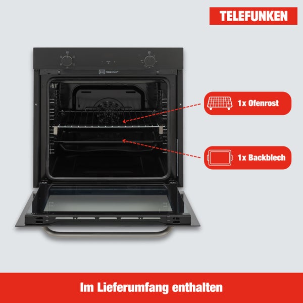Telefunken Backofen Einbaubackofen autark 78 Liter Hot Air Shield 60 cm Einbau Ofen ohne Kochfeld Schwarz