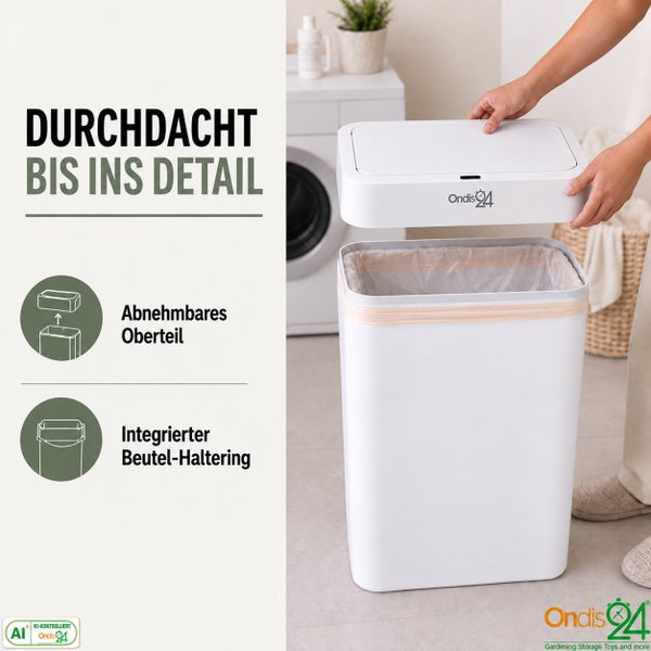 Automatischer Abfalleimer mit Sensor von Ondis24 mit Deckelöffnung durch Handbewegung und Anhänger mit Hinweis auf deutschen Verkäufer