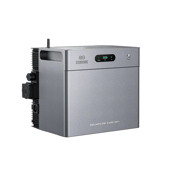 Zendure SolarFlow 2400 AC Plus Energiespeicher für Balkonkraftwerke mit Digitalanzeige, Antenne und seitlichen Anschlüssen.