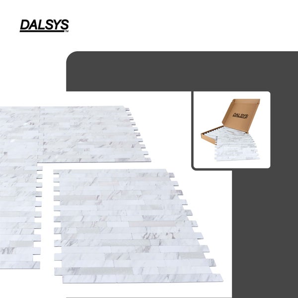 Selbstklebende Wandfliesen von Dalsys in Marmor-Optik mit rechteckigen Mosaikelementen, Dalsys Logo und Produktverpackung.