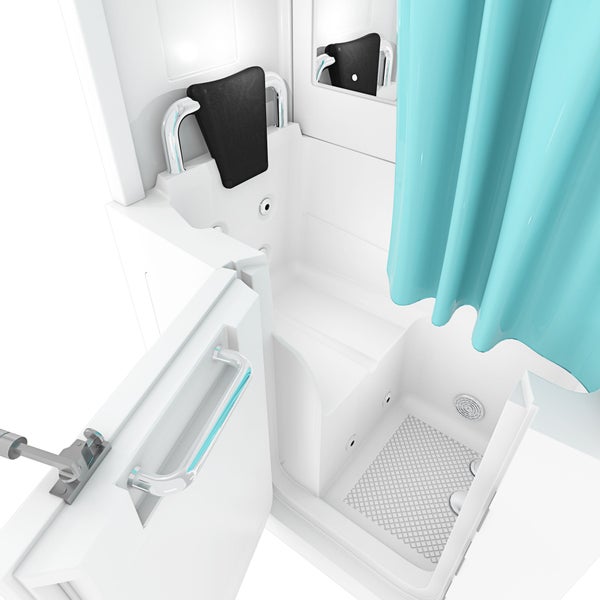 Barrierefreie Sitzbadewanne mit geöffneter Tür, Kopfstütze, Haltegriffen und integriertem Sitz für Senioren.