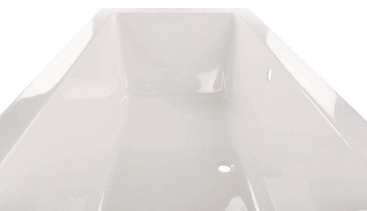 Rechteckige Badewanne aus weißem Sanitäracryl mit Überlauf und Abfluss.
