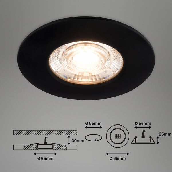 BRILONER KULANA MINI LED Einbaustrahler Bad, 3er Set, IP44 Spritzwasserschutz, Flaches Design, Warmweißes Licht, schwarz, 6,5 x 2,5 cm