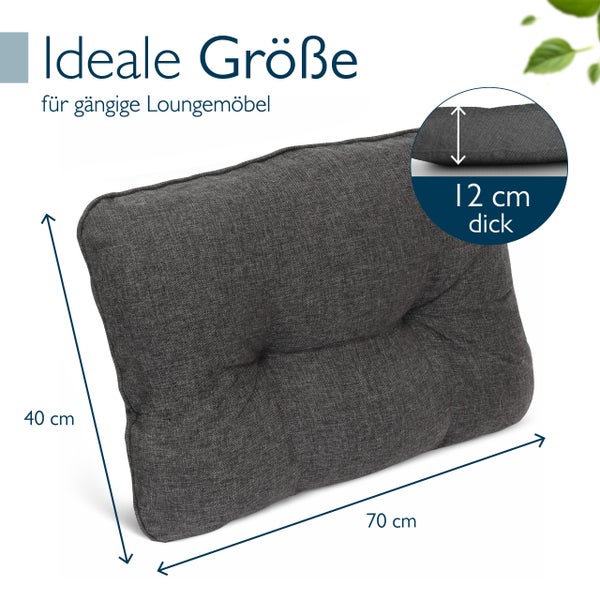 Loungemöbel Kissen mit Maßen 40 mal 70 Zentimeter und einer Stärke von 12 Zentimeter für Gartenmöbel.