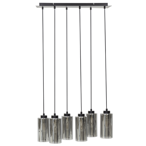 Technische Zeichnung einer Pendelleuchte mit sechs Lampen und Maßangaben