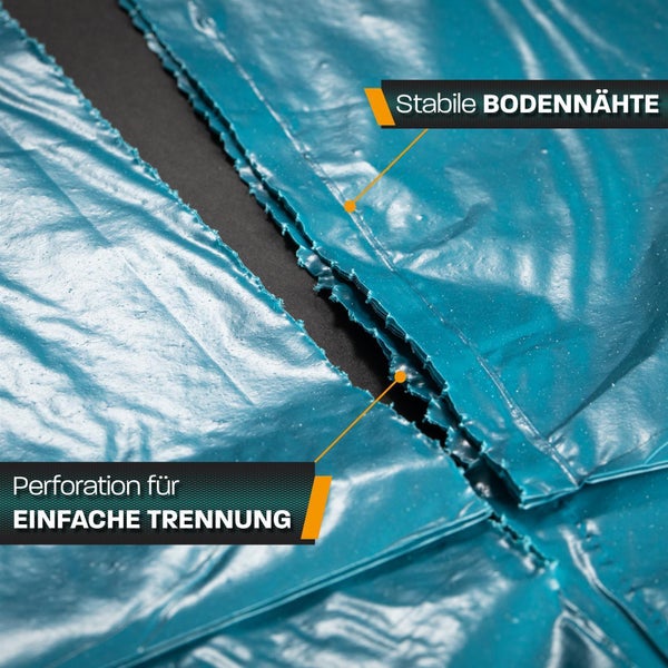 Detailansicht eines Müllsacks aus Kunststoff mit stabilen Bodennähten und Perforation zum einfachen Abtrennen der Beutel.