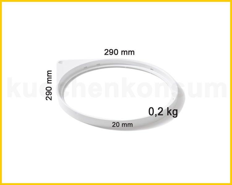 Weißer Kunststoffring mit einem Durchmesser von 290 Millimetern, einer Höhe von 20 Millimetern und einem Gewicht von 0,2 Kilogramm.