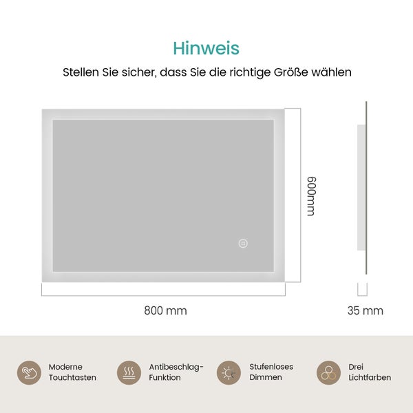 EMKE Badspiegel mit Beleuchtung 80x60 cm, LED Spiegel mit Touchschalter, Anti-Beschlag, 3 einstellbare Lichtfarben, IP44, für Badezimmer