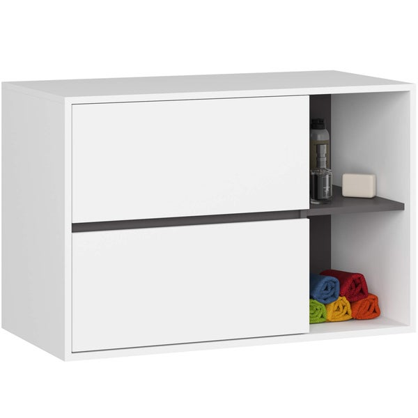 Weißer Hängeschrank mit zwei Schubladen und offenem Fach zur Badezimmeraufbewahrung