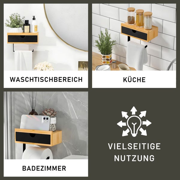 BERLINLODGE Toilettenpapierhalter mit Schublade | HxBxT 10x18,5x13cm | Bambus | Papier Halterung mit Ablage zum Kleben oder Schrauben