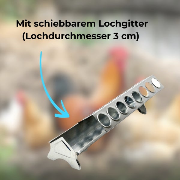 Futterautomat mit verstellbarem Lochgitter für Hühner