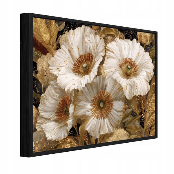 Wandbild mit Blumendarstellung von Mohnblumen in einem schwarzen Rahmen in perspektivischer Ansicht.