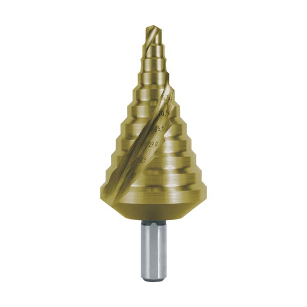 Stufenbohrer aus HSS-Stahl mit Titanium-Nitrid-Beschichtung für die Metallbearbeitung mit verschiedenen Durchmesserstufen.
