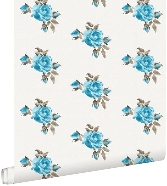 ESTAhome Tapete gestickte Rosen Türkis - 53 cm x 10.05 m - 138146
