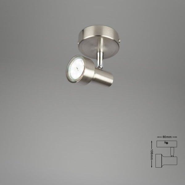 Einflammiger Wand- und Deckenstrahler aus Metall mit verstellbarem Kopf, Breite 80 Millimeter, Höhe 106 Millimeter.