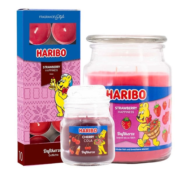 Haribo Kerzen Set 3 - 1x große Erdbeere 1x kleiner Cola 1x Teelicht Erdbeere