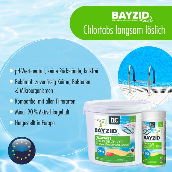 Bayzid Chlortabletten langsam löslich, erhältlich in 1 kg und 5 kg Gebinden, für die Poolpflege