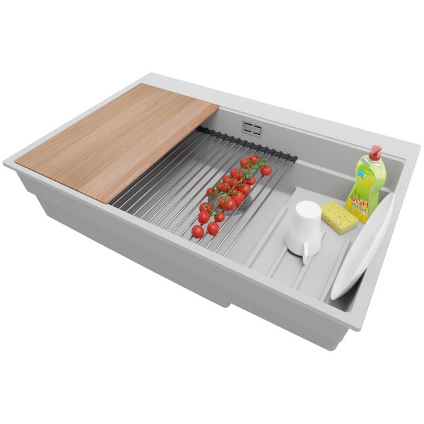 PRIMAGRAN Spülbecken Grau 78x53cm, Granitspüle 1 Becken + Ablauf-Set + Küchenzubehörset, Küchenspüle ab 80er Unterschrank - Oslo Max