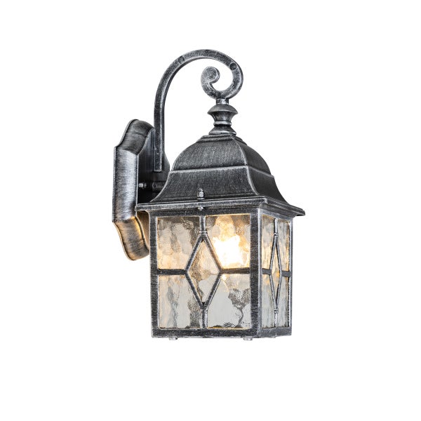 Außenwandleuchte im antiken Laternen-Design aus Metall mit strukturiertem Glas und Rautenmuster.