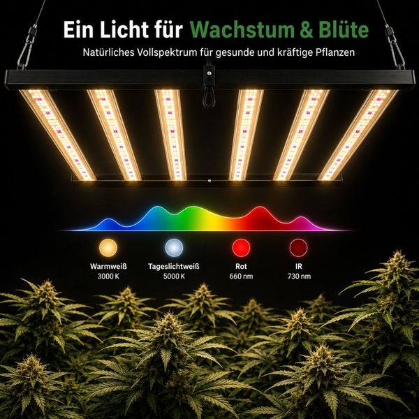 Vollspektrum LED Pflanzenlampe für Wachstum und Blüte, 3000 Kelvin Warmweiß, 5000 Kelvin Tageslichtweiß, 660 Nanometer Rot, 730 Nanometer Infrarot.