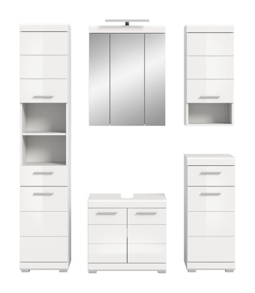 Mehrteiliges Badezimmermöbel Set bestehend aus Hochschrank, Spiegelschrank mit Beleuchtung, Waschbeckenunterschrank, Hängeschrank und Kommode.
