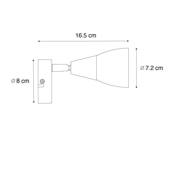 Technische Zeichnung einer Wandleuchte mit den Maßen 16,5 cm Länge, 8 cm Durchmesser der Wandhalterung und 7,2 cm Durchmesser des Lampenkopfs.