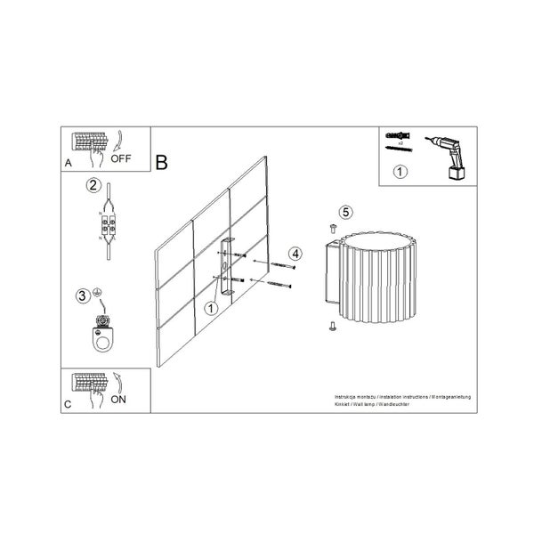 Montageanleitung für eine Wandleuchte mit Schritten zur Halterungsmontage, elektrischem Anschluss und Steuerung der Stromzufuhr.
