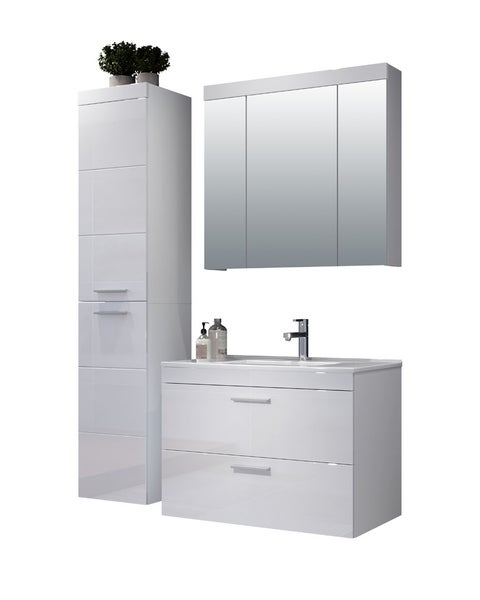 Devon Badmöbelset B mit Bad Spiegelschrank weiß, weiß Hochglanz. 130 X 47 X 190 cm