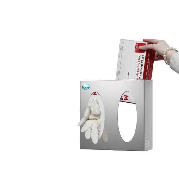 VAR Logo. Handschuhboxspender aus Edelstahl für zwei Boxen. Eine Hand schiebt eine Packung Handschuhe ein.