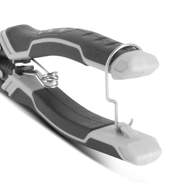 Ergonomische Griffe einer Abisolierzange mit rutschfestem Gummiüberzug, Federung und integrierter Verriegelung.