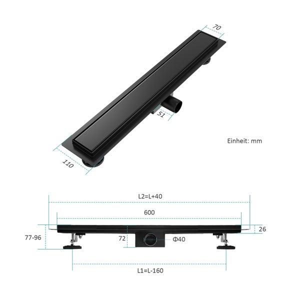 Abbildung einer Duschrinne mit Maßangaben