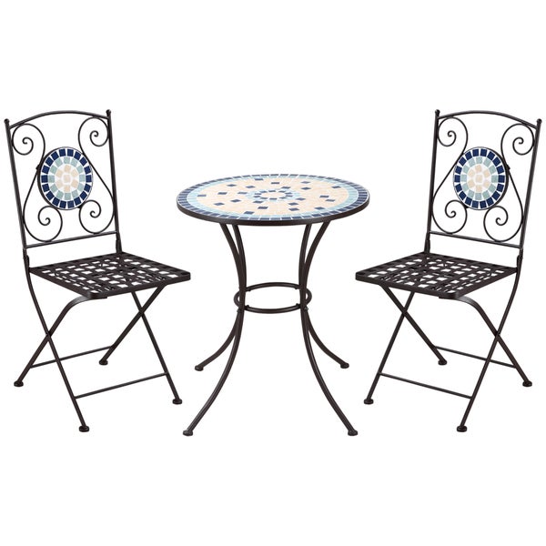 Outsunny 3tlg. Gartenmöbel-Set, inkl. 1 Tisch, 2 klappbaren Stühlen mit Mosaiksteinen, 61L x 61B x 71,5H cm, Metall, Blau+Grün+Gelb