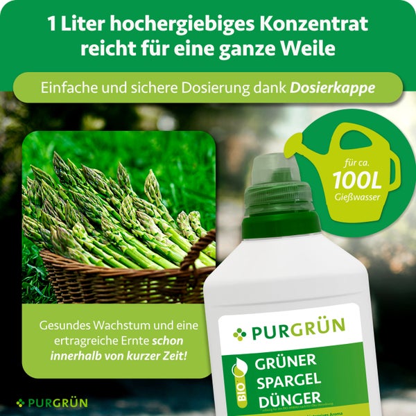 Purgrün Bio Dünger für grünen Spargel, 1 Liter Konzentrat für circa 100 Liter Gießwasser, Dosierkappe, Korb mit Spargel und Purgrün Logo.