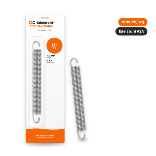 Orange Commerce Zugfeder aus Edelstahl V2A mit Haken, Länge 159 Millimeter, Drahtstärke 2,5 Millimeter, maximale Tragkraft 26,1 Kilogramm.