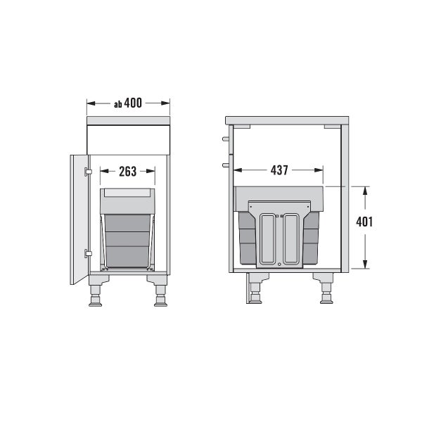 Maßzeichnung eines Abfalltrennsystems im Küchenunterschrank mit Breitenangabe ab 400 Millimeter und Produktmaßen von 263, 437 und 401 Millimeter.