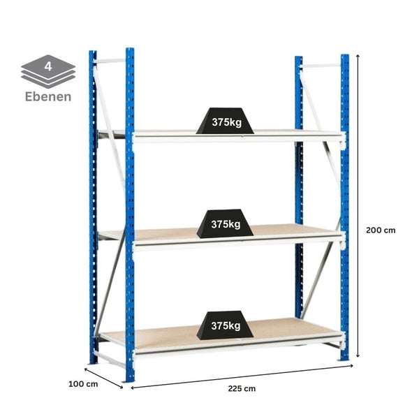 PROREGAL Weitspannregal Maximus Grundregal HxBxT 200 x 225 x 100 cm 4 Ebenen Spanplatten Fachboden Fachlast 375 kg Lichtblau & Lichtgrau
